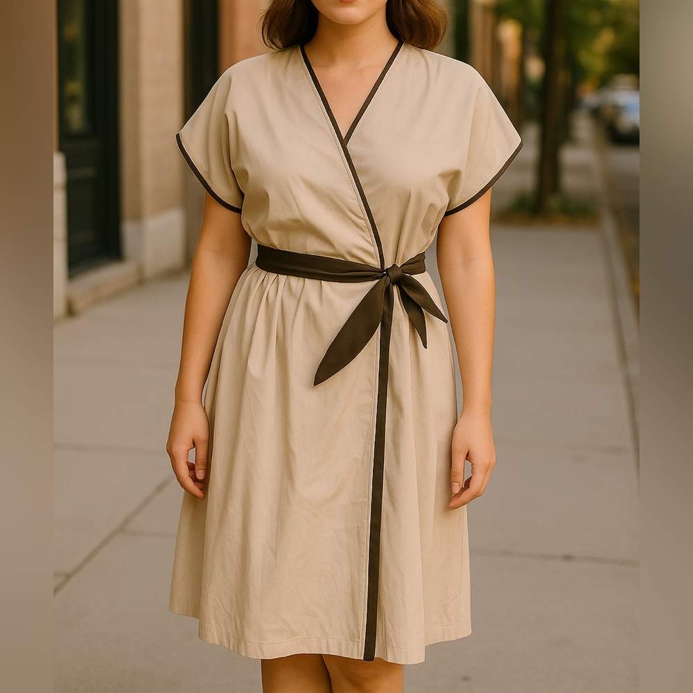 Vintage Leslie Fay Wrap Dress Beige with‎ Brown Trim – Size 10